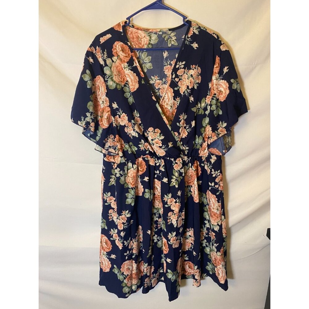 Womens Plus Size 3X Faux Wrap Style Dress Lightweight Romantic Navy Floral